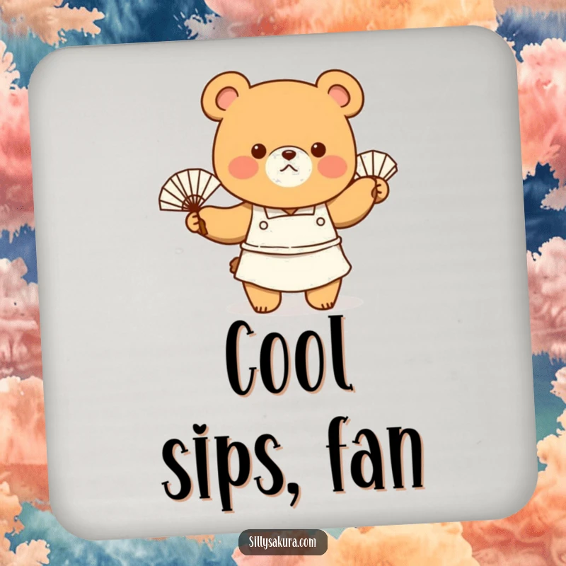 Funny Drink Coaster featuring a tiny bear chef in an apron, enthusiastically waving a fan, adding kitchen humor to tabletops.