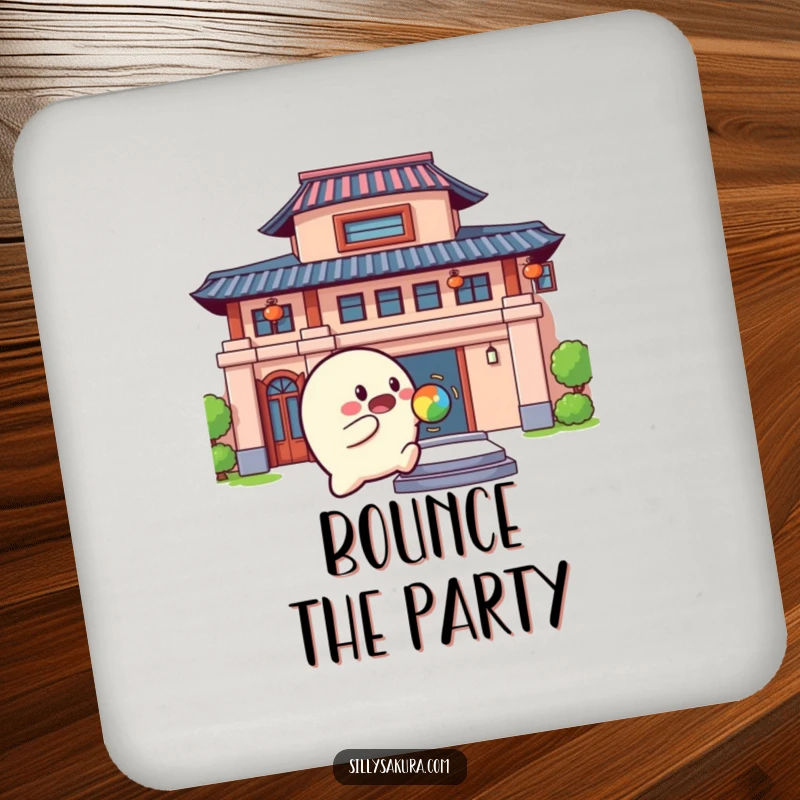 Funny Drink Coaster featuring a rounded character playfully bouncing a colorful ball against a building, humorous protection.
