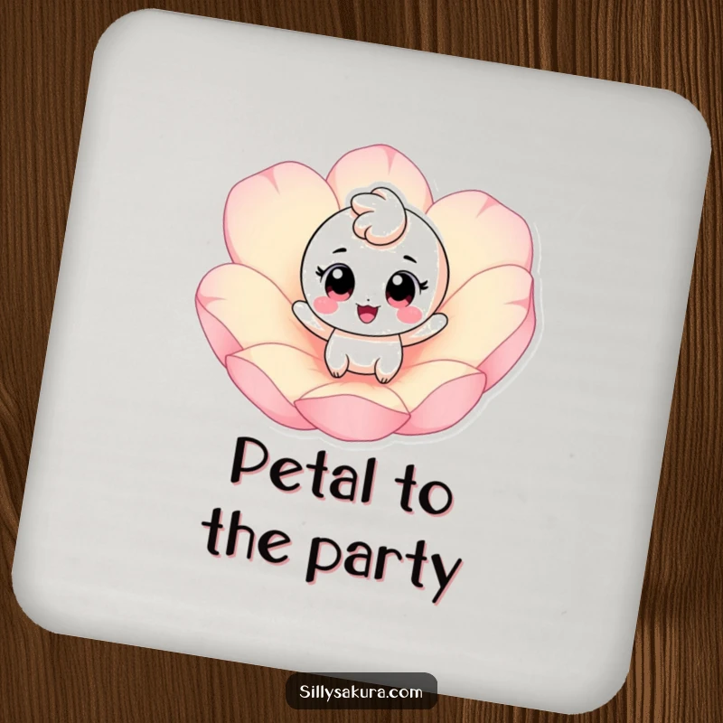 Funny coaster with a cheerful character, big eyes, bouncing on a pink petal; protects surfaces with joy.
