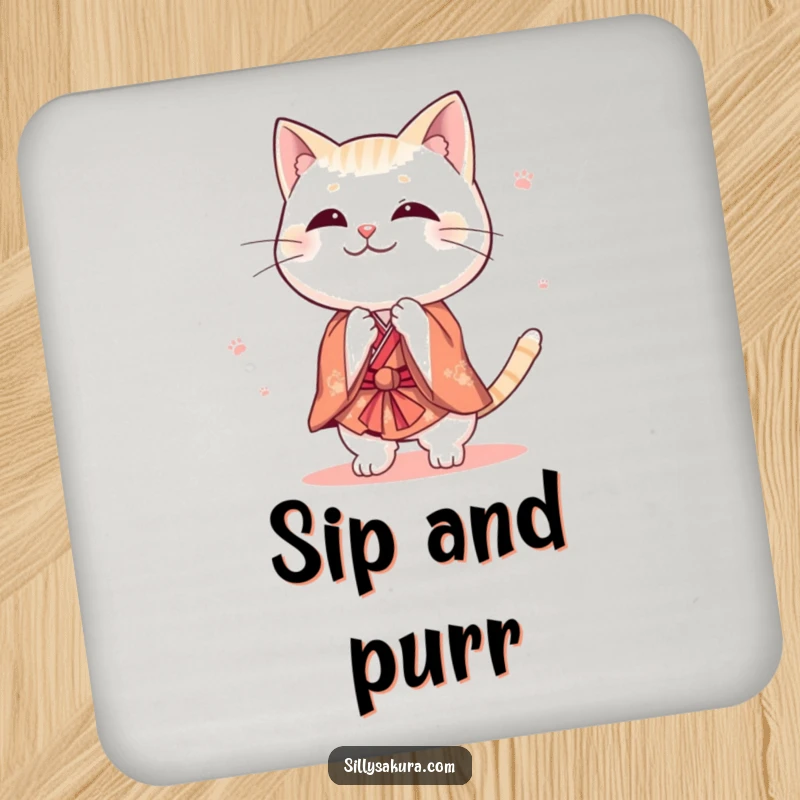 Funny cat drink coasters featuring a character in a tiny kimono bowing playfully, offering humorous protection for surfaces and adding feline elegance to any table.