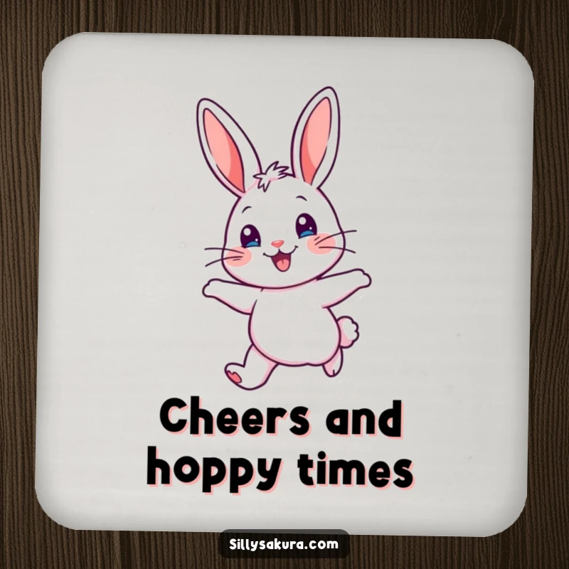 Funny Drink Coaster featuring a cheerful rabbit character with alert ears, hopping with delight, perfect for adding humor to tables.