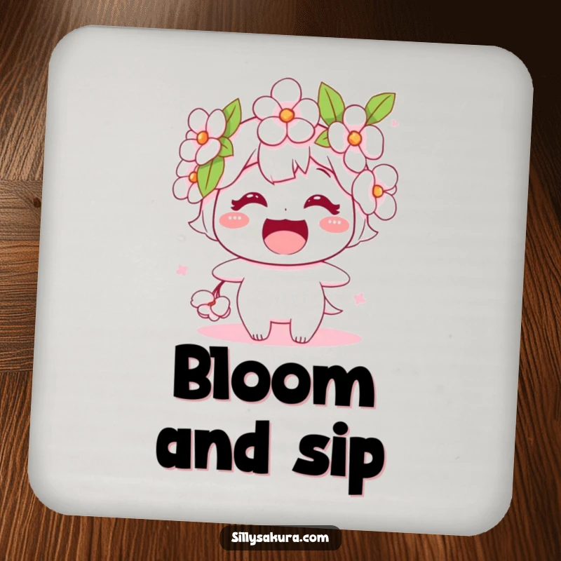 Funny drink coaster featuring a stylized cherry blossom character with a wide, happy smile, protecting surfaces with floral flair.