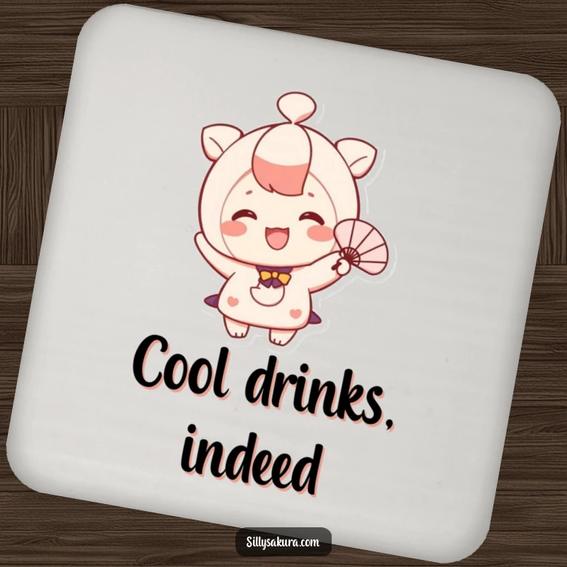Funny coaster with a cute, smiling character happily fanning themselves, offering stylish surface protection.
