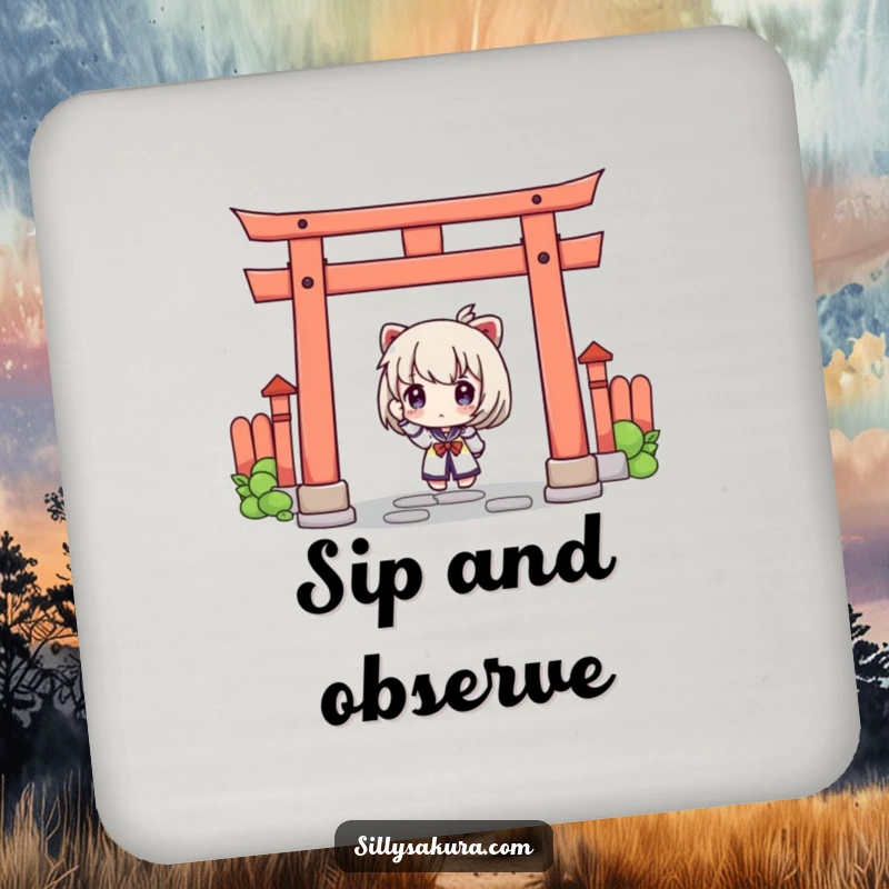 Funny drink coasters featuring a curious character peeking from behind a torii gate, perfect for adding intrigue and fun.