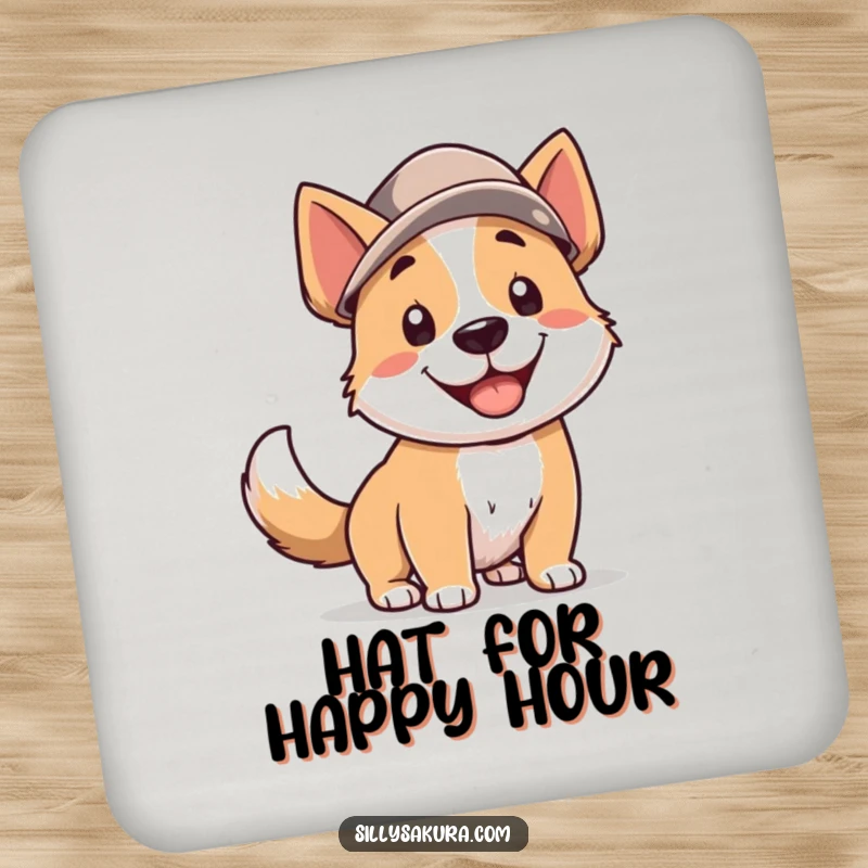 Funny Dog Coaster: A smiling dog in a hat, tail wagging, adding a humorous touch to drink protection for tables.