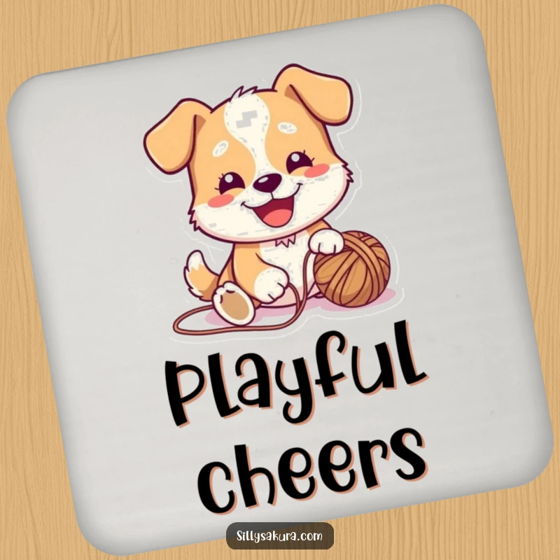 Funny Drink Coaster featuring a cute dog character joyfully playing with a yarn ball, adding canine humor to tabletops.
