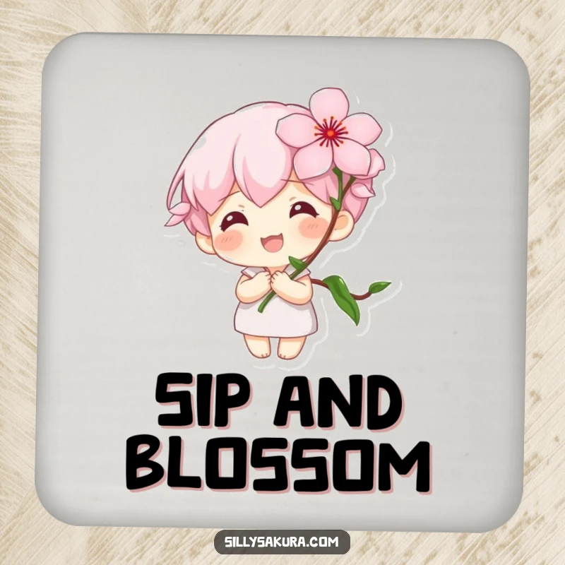 Funny Drink Coaster: A tiny character with a large smile holds a blooming cherry blossom, protecting surfaces with spring's charm.