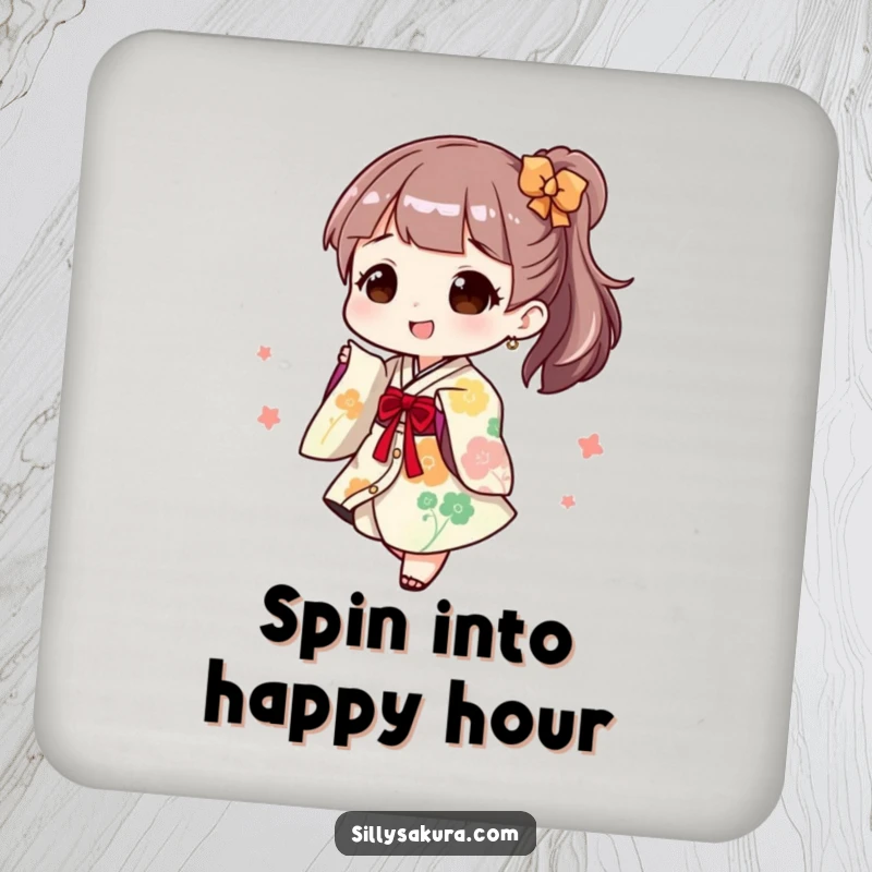 Funny Drink Coaster: A character joyfully twirls in a playful kimono, protecting surfaces with festive flair.