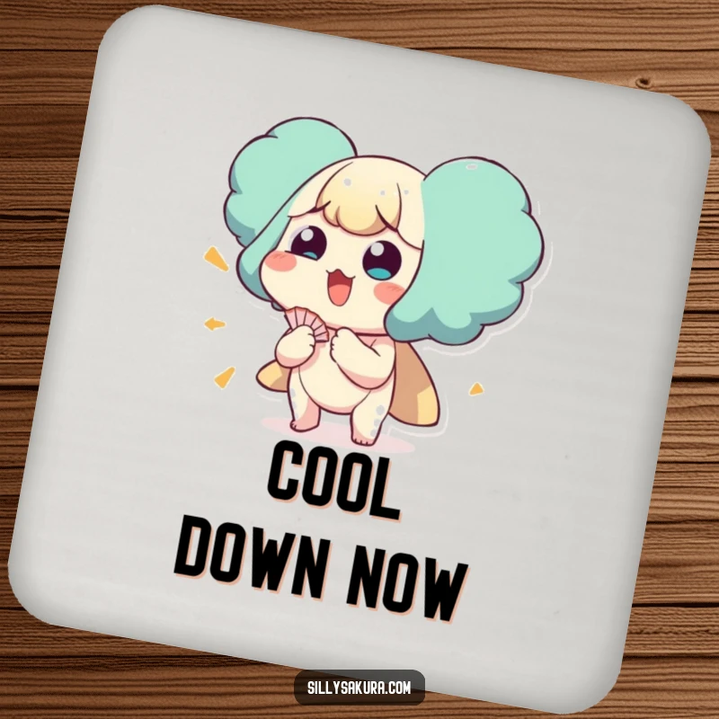 Funny drink coasters featuring a character comically fanning itself, protecting surfaces from drinks.