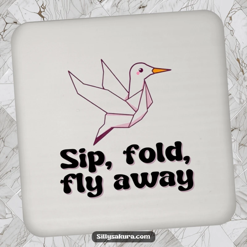 Funny drink coaster featuring a giggling origami crane character in flight, protecting surfaces with a touch of airborne humor.