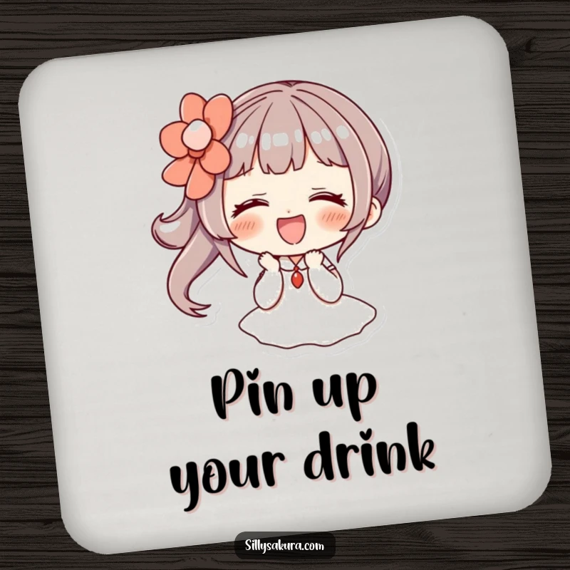 Funny coaster: a character giggles under a large, decorative hairpin, providing a humorous surface for drinks.