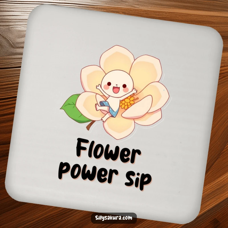 Funny cute kawaii character joyfully kicking a large, stylized blossom, illustrated on a drink coaster for a touch of playful charm.