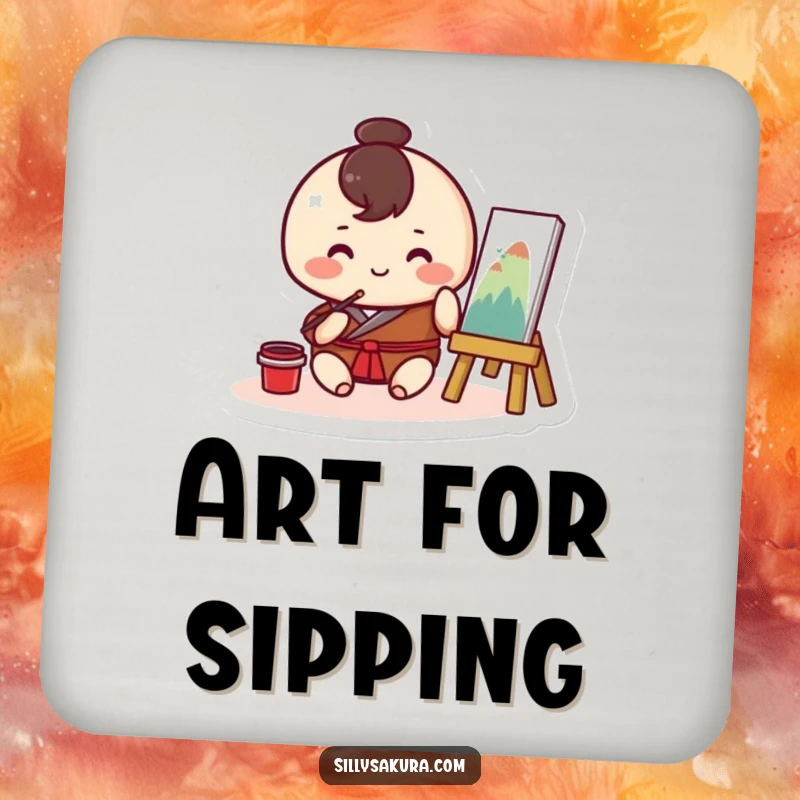 Funny Kawaii drink coaster featuring a round character happily painting traditional artwork, adding artistic humor to any surface.