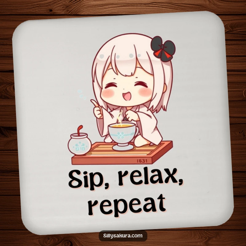 Funny Kawaii Coaster. A cute character performs a tea ceremony gesture, protecting your furniture with adorable charm and humor.