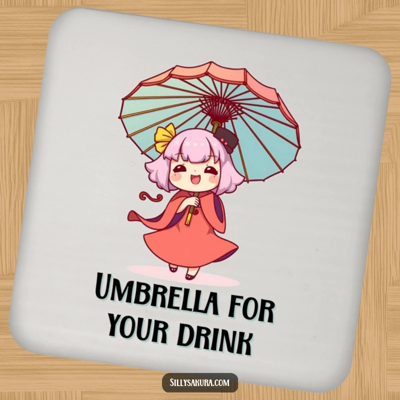 Funny Kawaii drink coaster featuring a character joyfully twirling a decorative umbrella, adding artistic humor to table settings.