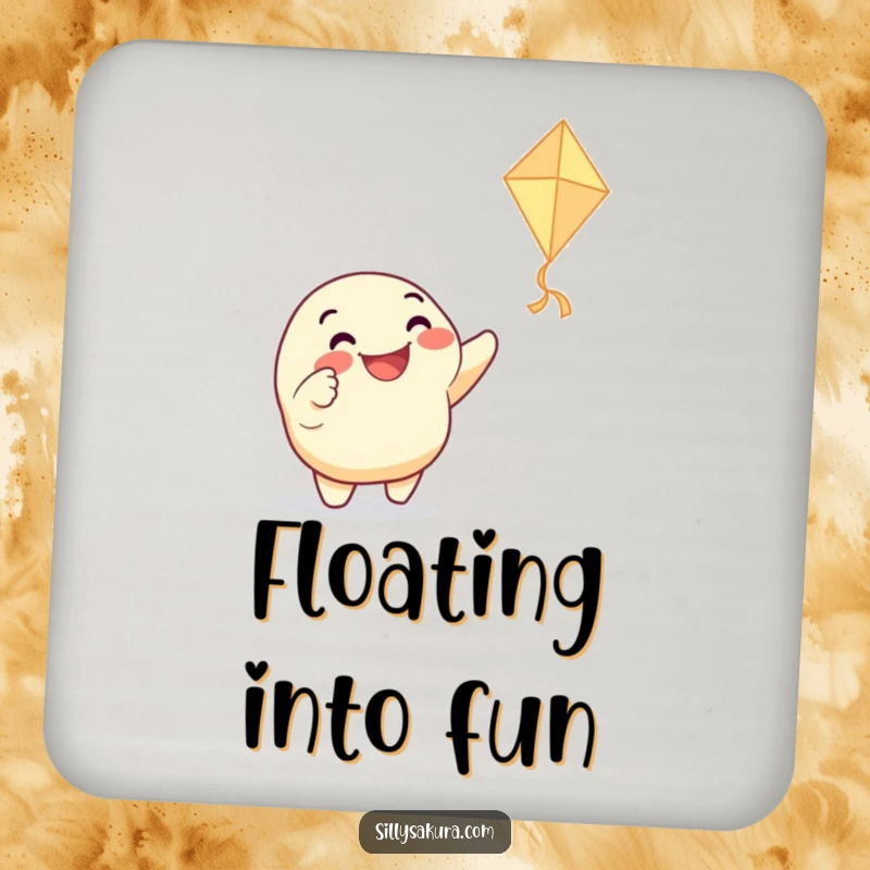 Funny drink coaster featuring a grinning character enthusiastically pointing at a dancing paper kite, perfect for adding playful humor and surface protection.