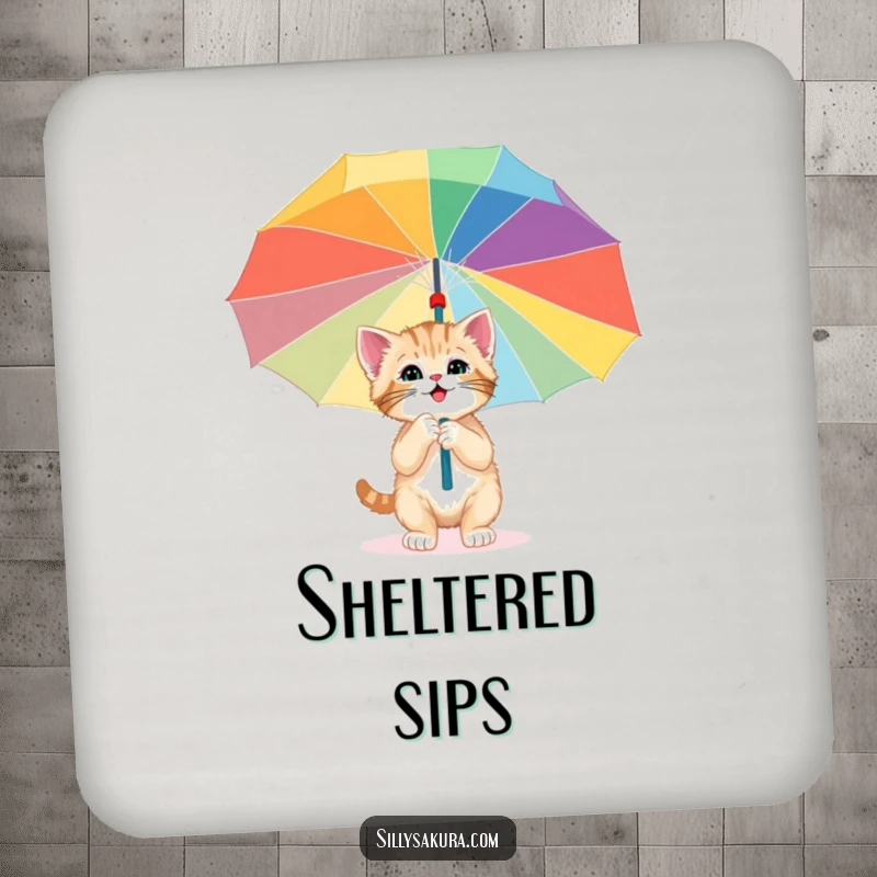 Funny drink coaster with a happy kitten curiously exploring under a giant, colorful paper umbrella, offering surface protection with whimsical charm.