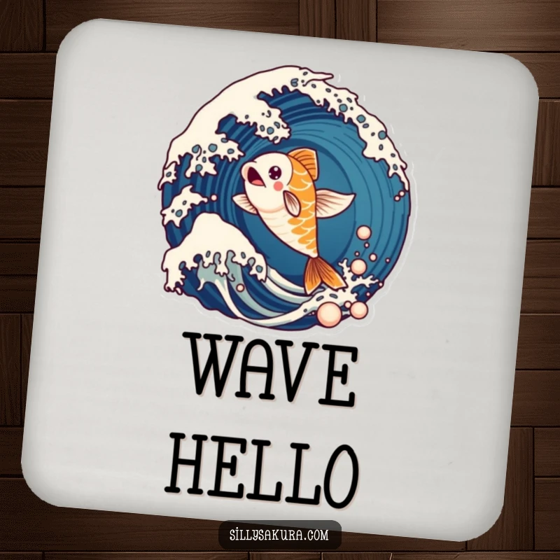 Funny coaster showing a lively koi fish character energetically leaping from a stylized ocean wave, protecting surfaces.
