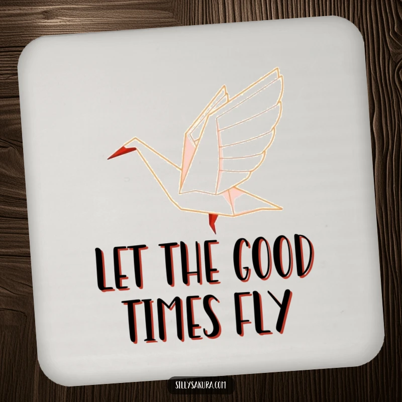 Funny Origami Coaster with a paper crane character gracefully taking flight, adding elegance.