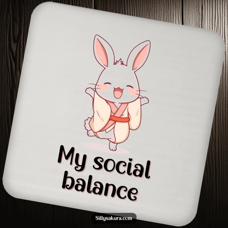 Funny giggling rabbit in a silk kimono attempting a handstand on a coaster, bringing whimsical charm.