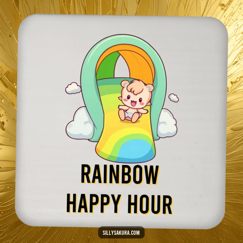 Funny rainbow slider drink coasters, a cute illustration of a character joyfully sliding down a bright, multi-colored rainbow, for surface protection.
