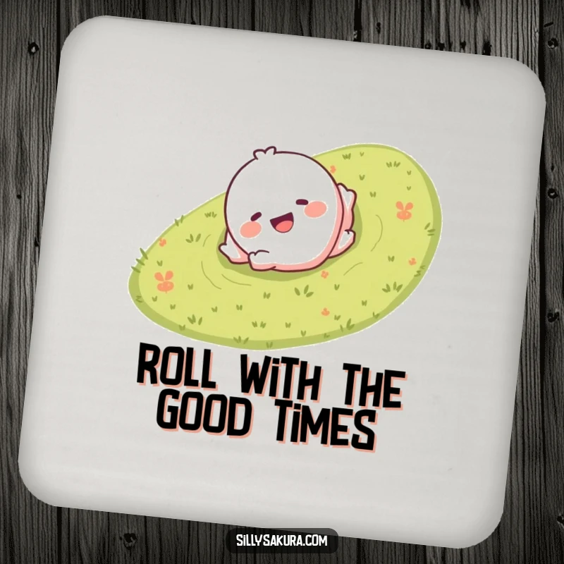 Funny coaster with a giggling character smiling and rolling down a grassy hill, protecting surfaces with joy.