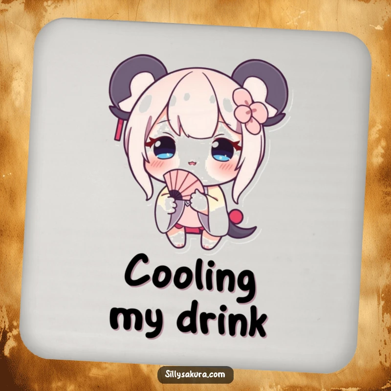 Funny drink coaster featuring a shy character blushing and offering a small fan, protecting surfaces with charm.
