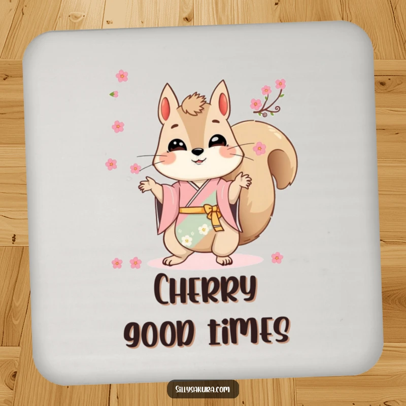Funny coasters displaying a squirrel in a kimono masterfully juggling tiny cherry blossoms, protecting tabletops.