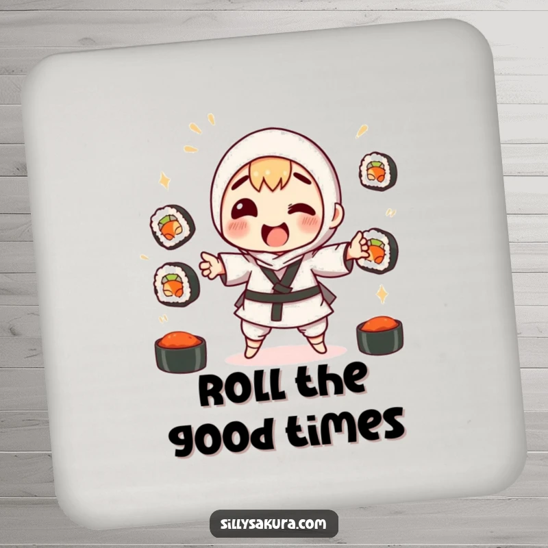 Funny drink coasters featuring a character comically juggling sushi rolls, suitable for protecting furniture from drinks.