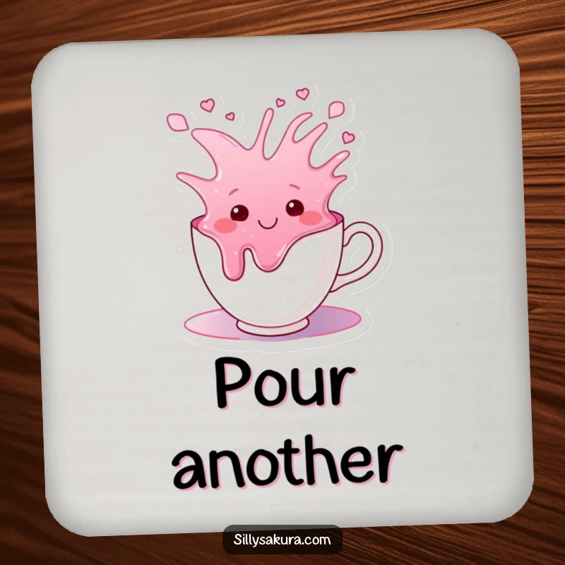 Funny coaster showing a smiling teacup character happily overflowing with colorful liquid, protecting surfaces with cheer.