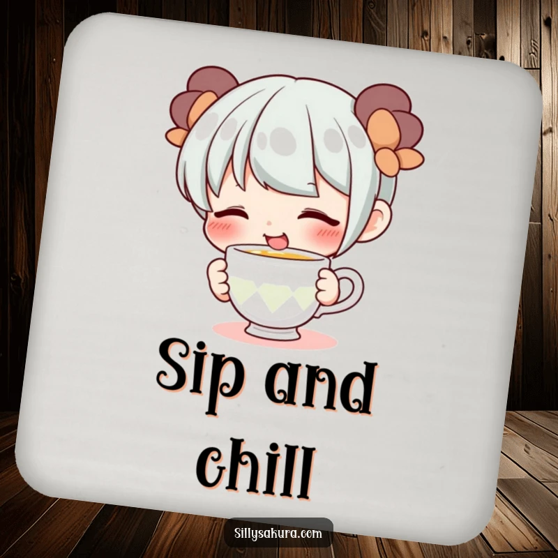 Funny coaster with a cute character smiling while sipping from a tiny teacup, protecting surfaces with playful charm.