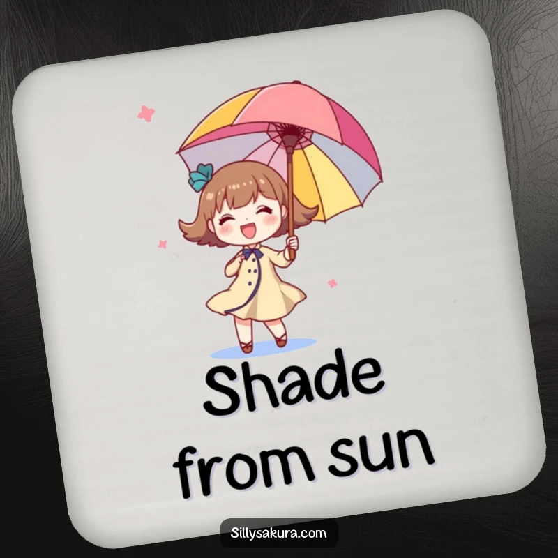 Funny twirling character drink coasters, a cute illustration of a character joyfully spinning a brightly colored parasol, for surface protection.