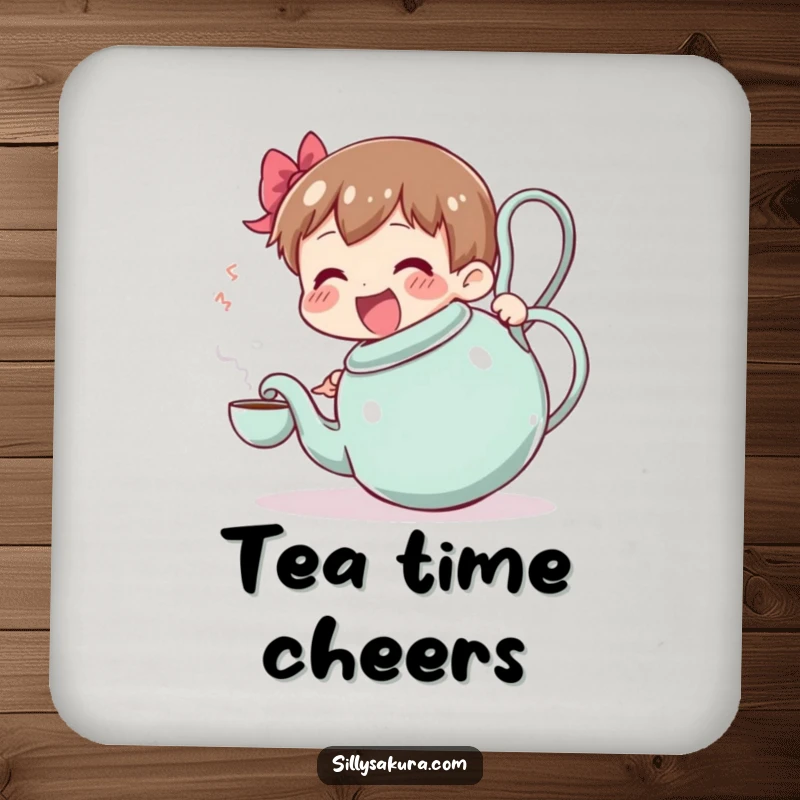Funny coaster: a character attempts tea service with a large, wobbling teapot, providing a humorous surface for drinks.