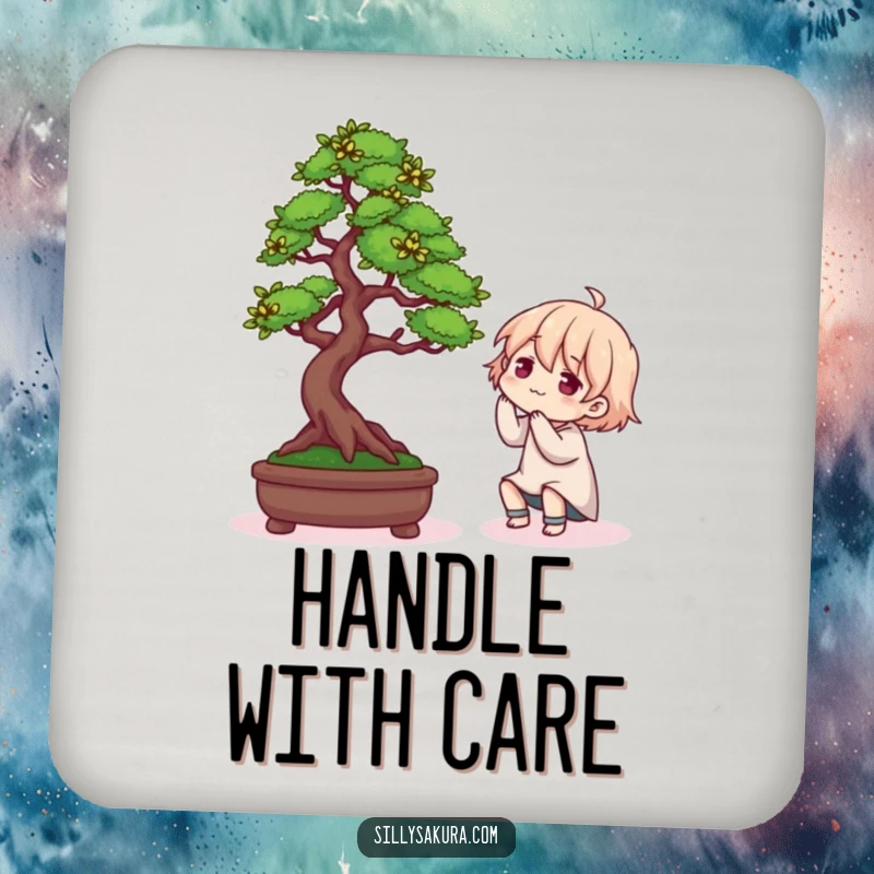 Funny drink coaster illustrating a character's comical attempt at Bonsai arrangement, adding humor to home decor.