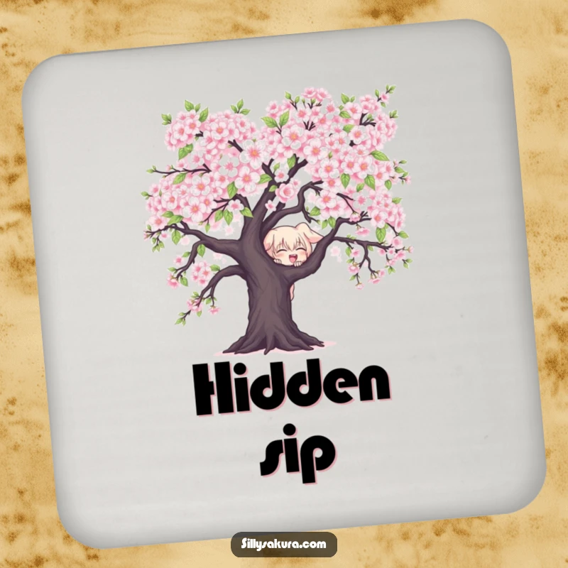 Funny Character Coaster: A mischievous character peeks from behind cherry blossoms, perfect for protecting surfaces with playful charm.