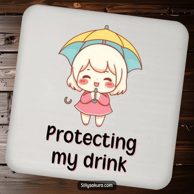 Funny coaster with a small, rosy-cheeked character giggling while holding a tiny umbrella, offering stylish protection.