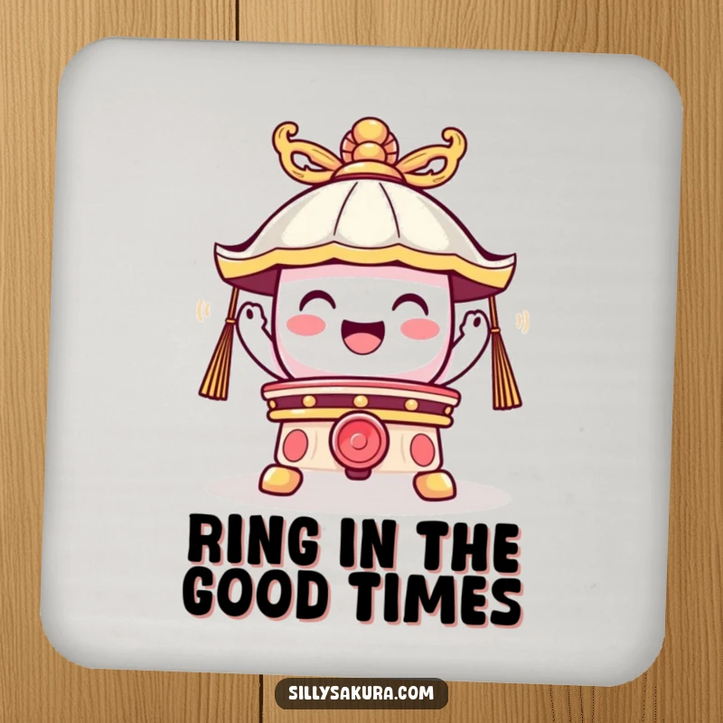 Funny drink coaster featuring a cute temple bell character ringing with a joyful vibration, adding humor to drink protection.