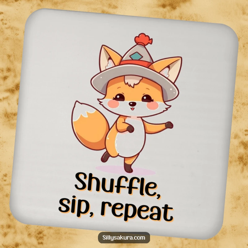 Funny drink coasters displaying a joyful fox wearing a hat and performing an energetic, fun dance.