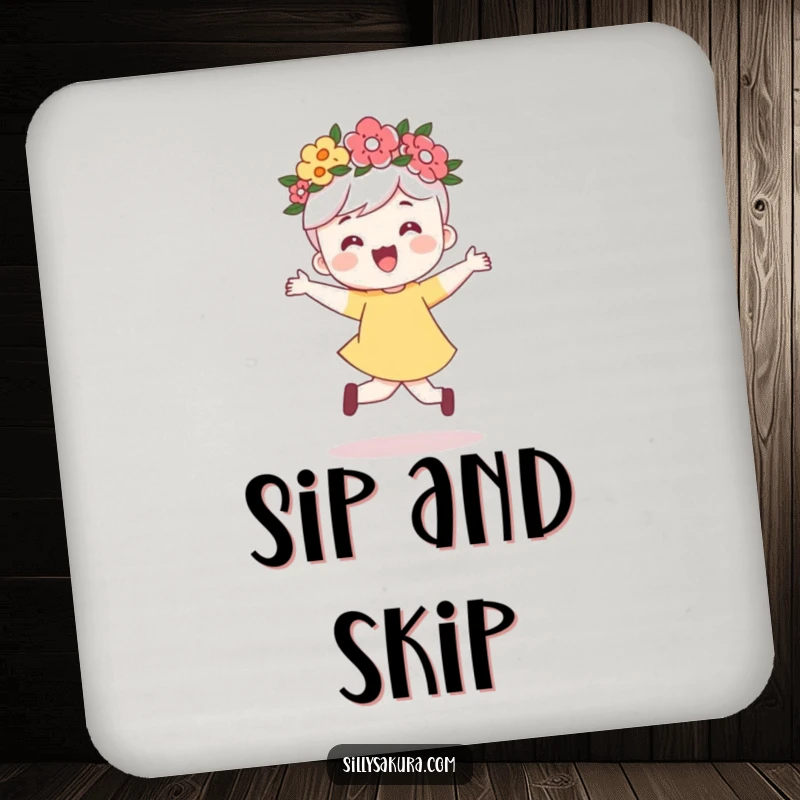 Funny drink coaster showcasing a cute character wearing a flower crown, happily skipping with an undeniable sense of joy.