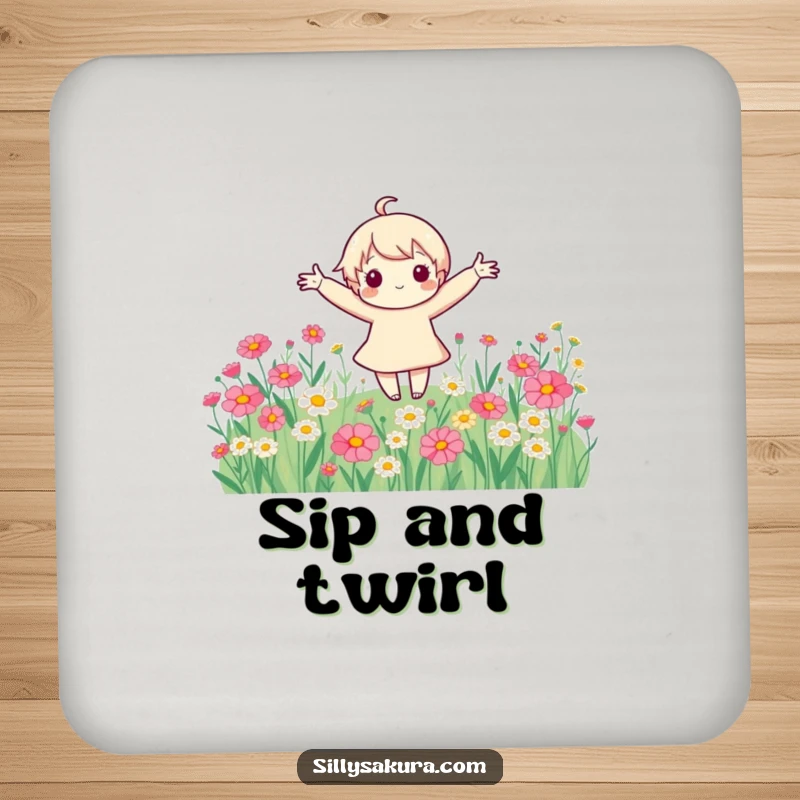 Funny cute character with arms spread wide, joyfully spinning in a field of colorful flowers, illustrated on a drink coaster.