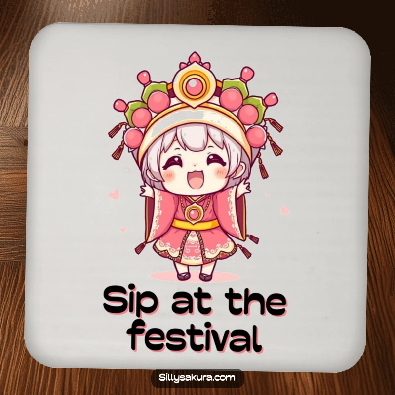 Funny Kawaii drink coaster featuring an excited character in elaborate festival attire, adding functional humor to table settings.