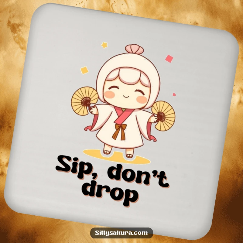 Funny drink coaster featuring a cute Kokeshi doll character playfully juggling fans, offering surface protection with whimsical flair.