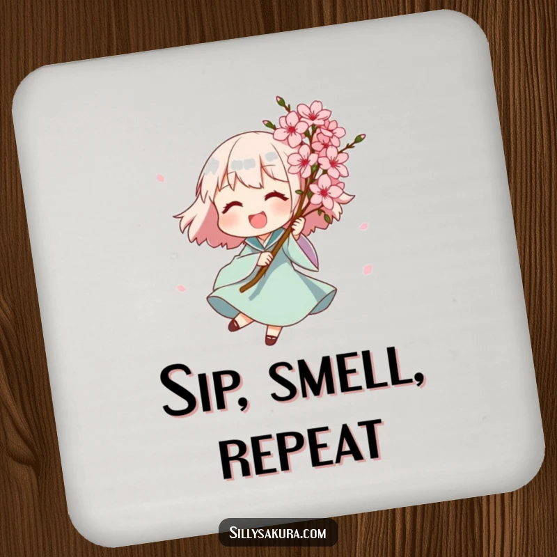 Funny drink coaster featuring a joyful character spinning with a bouquet of exquisite pink blossoms, perfect for adding floral humor and surface protection.