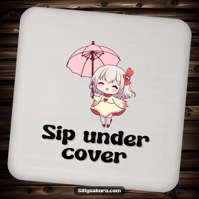Funny drink coaster showcasing a small character elegantly twirling a parasol, a wide grin adding a playful touch.