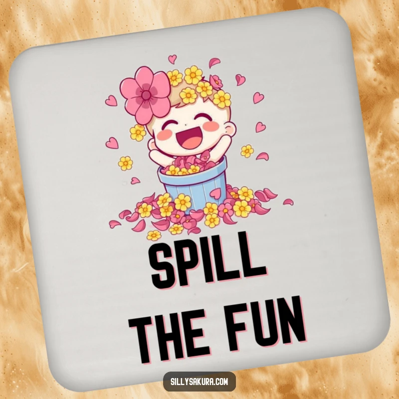 Funny coaster with a laughing character spilling flower petals, protecting surfaces with vibrant joy.