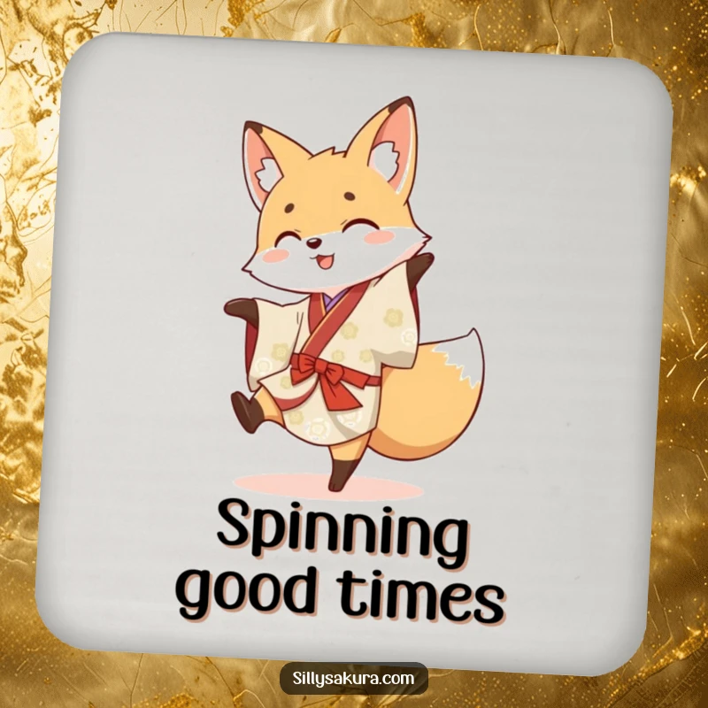 Funny coasters depicting an energetic fox in a kimono mid-cartwheel, protecting tabletops with playful charm.