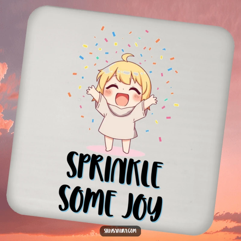 Funny Drink Coasters: A character joyfully scattering confetti, protecting your furniture with festive charm.