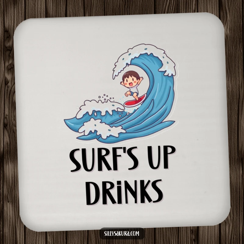 Funny drink coaster with a character riding a wave, providing surface protection with a humorous and beachy aesthetic.
