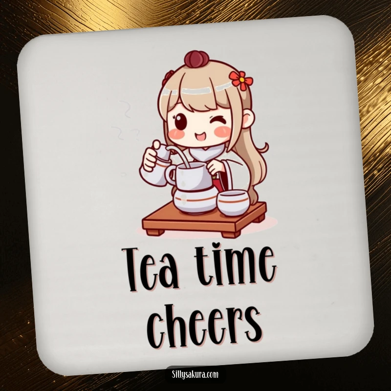 Funny drink coaster showcasing a cheerful character performing a tea ceremony, pouring tea with a peaceful and pleasant smile.