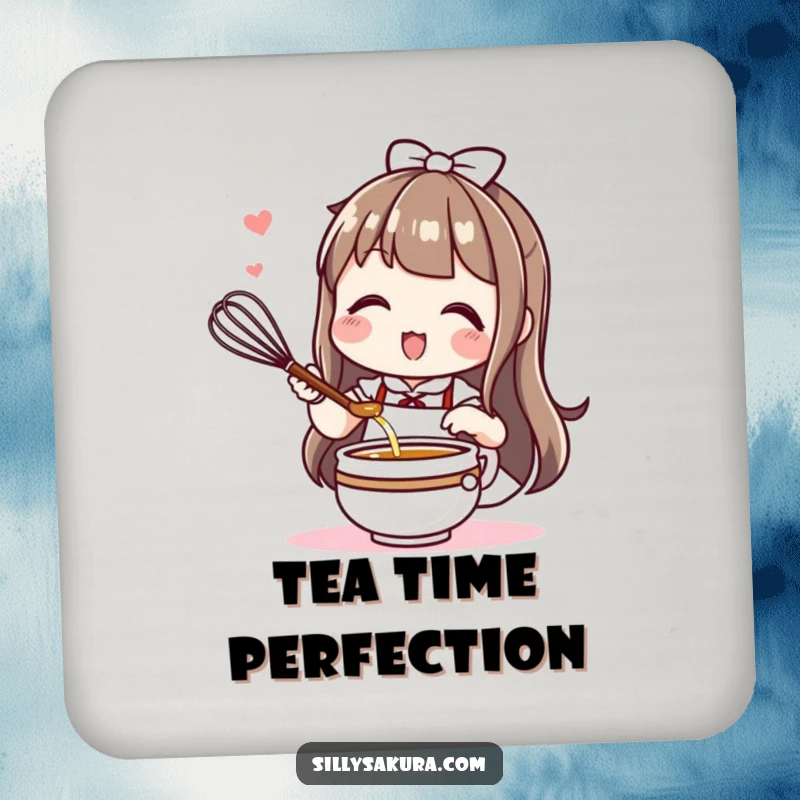 Funny Kawaii drink coaster featuring a cute character enthusiastically whisking tea, adding functional humor to table settings.